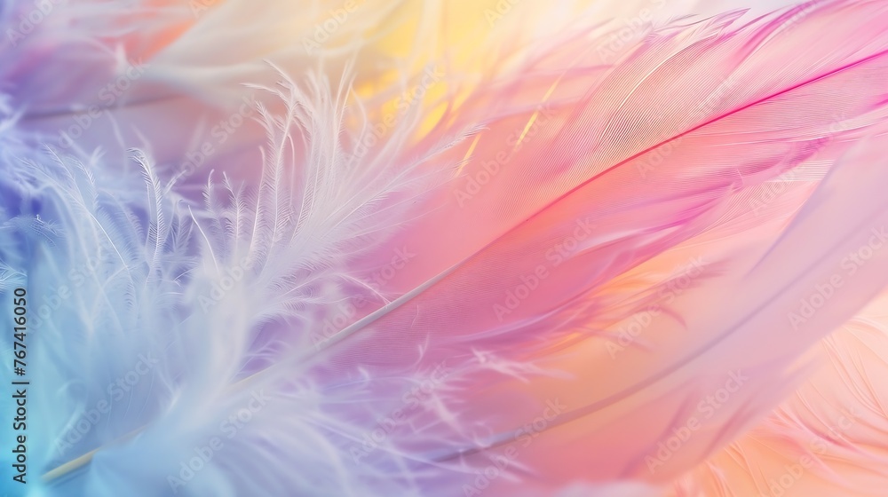 Generative AI : Abstract feather rainbow patchwork background. Closeup image of white fluffy feather under colorful pastel neon foggy mist. Generative AI : Abstract feather rainbow patchwork background. Closeup image of white fluffy feather under colorful pastel neon foggy mist.