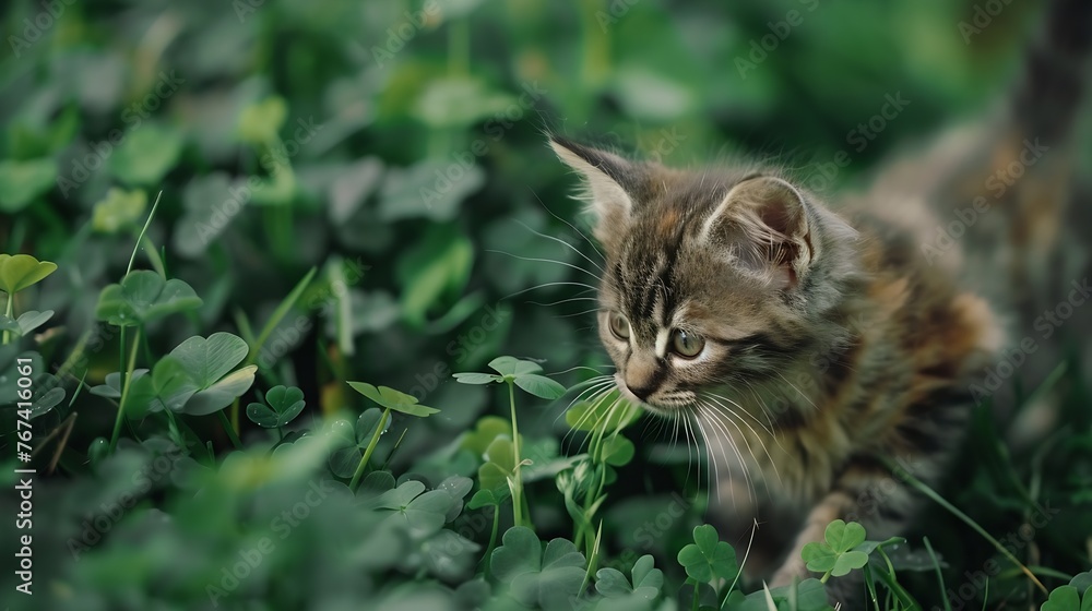 Generative AI : A lop-eared cat kitten walks outside in the green grass among the clovers.