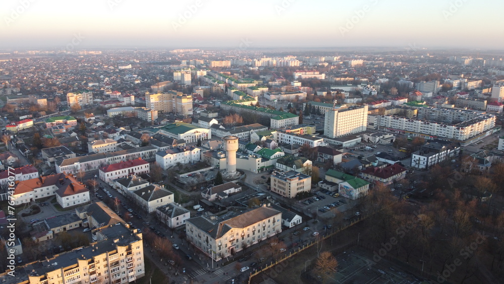 Aerial view of residential areas of Belarusian city of Baranavichy on winter morning, Brest Region