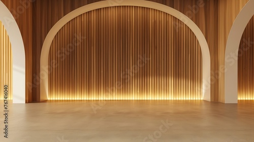 Generative AI : Empty room decorated with arched wood wall and wood slat wall, hide warm white ceiling lighting. 3d rendering