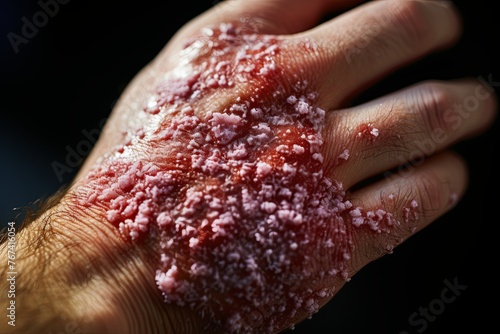 Psoriasis Vulgaris, skin patches hand are typically red, itchy, and scaly. Papules of chronic psoriasis vulgaris on body. Genetic immune disease. Detail of psoriatic skin disease, Generative AI. photo