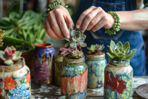 Female hands planting succulents in painted and decorated old jars, home gardening, eco-friendly concept
