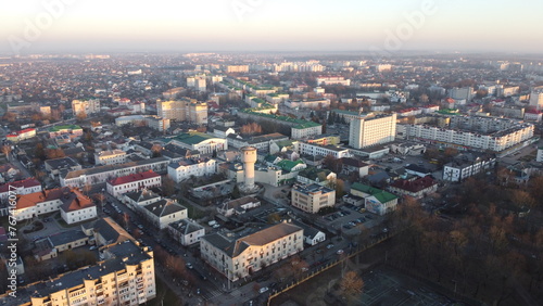 Aerial view of residential areas of Belarusian city of Baranavichy on winter morning, Brest Region