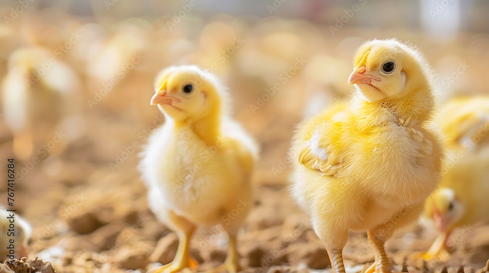 Generative AI : Yellow baby chickens were grrounding in the farm to started feeding in the chicken farm business