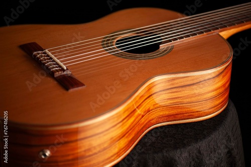 Classical Spanish flamenco guitar close up, dramatically lit isolated on black background with copy space.