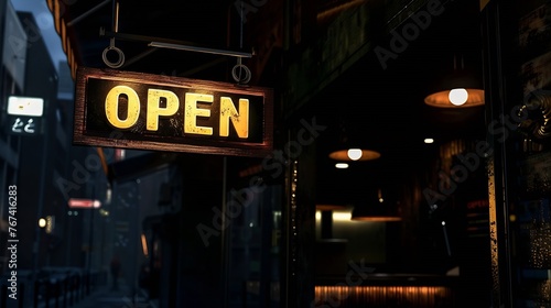 Generative AI : "OPEN" restaurant sign in night time with blank copy space, black background