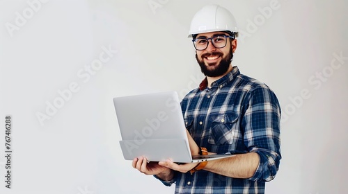 Generative AI : A handsome male engineer or architect with a white helmet. Male engineer standing with laptop 