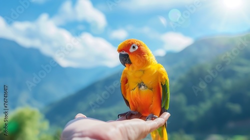 Generative AI : Sun conure parrot or bird Beautiful is aratinga has yellow on hand background Blur mountains and sky photo
