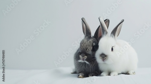 Generative AI   Little couple rabbit sitting with Geometric color shapes on isolated white background at studio.