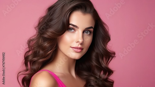  Portrait of a beautiful young woman with long dark hair with clean fresh skin on a pink background, banner for a beauty salon or cosmetology