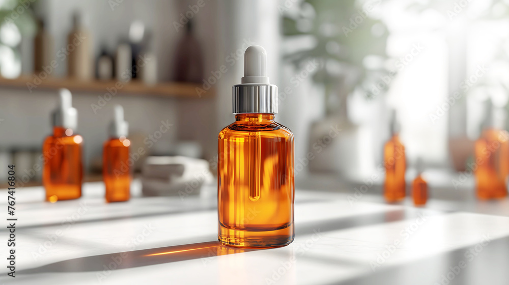Illustration of a natural herbal essential oil product with vitamins in a dropper bottle. Derived from herbs, this essential oil offers medicinal and beauty benefits. Ideal for skincare and body care.