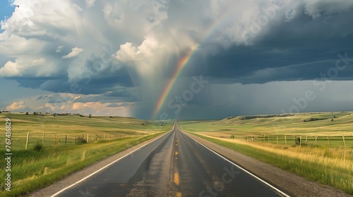 Generative AI : Storm clouds gather over a road that leads into the distance, with rainfall and a rainbow in the distance © The Little Hut