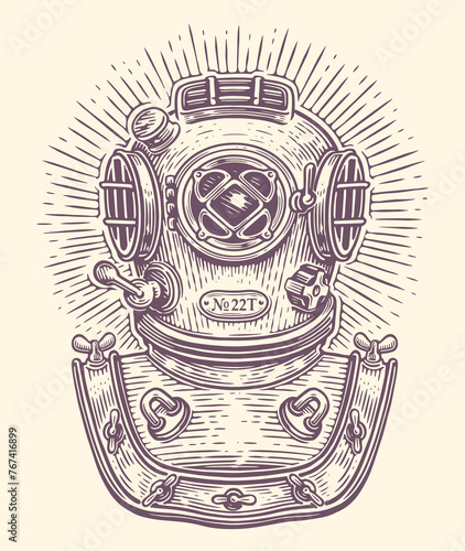 Diving helmet sketch. Diver equipment for deep-sea diving. Vintage scuba suit part vector illustration