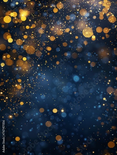 Christmas Background with Gold Stars and Sparkling Dark Blue and Gold Particles