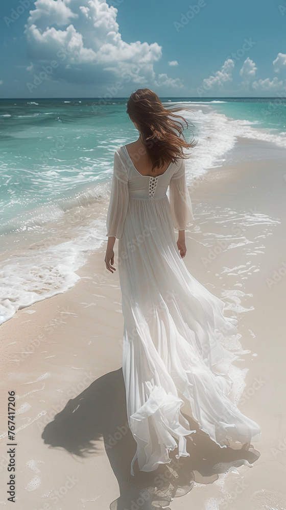 A minimalist pastel beach scene, with a woman in the distance wearing a Long Flowy Beach Cotton Dress. AI generative A minimalist pastel beach scene, with a woman in the distance wearing a Long Flowy Beach Cotton Dress. AI generative