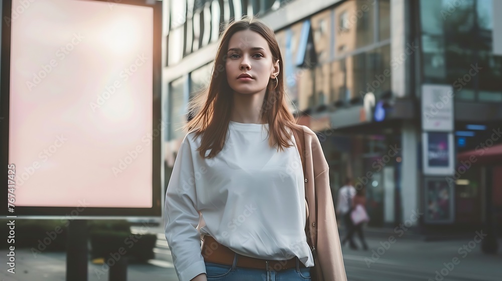 Generative AI : Portrait of young attractive happiness beautiful woman advertise on billboard blank for outdoor advertising poster Generative AI : Portrait of young attractive happiness beautiful woman advertise on billboard blank for outdoor advertising poster