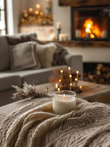 Hygge Cozy Living Room with Fireplace, Couch, and Focused Aromatherapy Candle