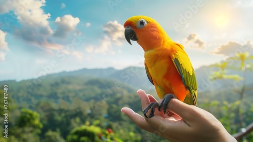 Generative AI : Sun conure parrot or bird Beautiful is aratinga has yellow on hand background Blur mountains and sky photo