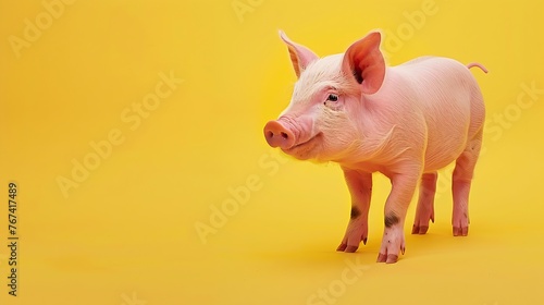 Generative AI : Little pink pig isolated on yellow background.