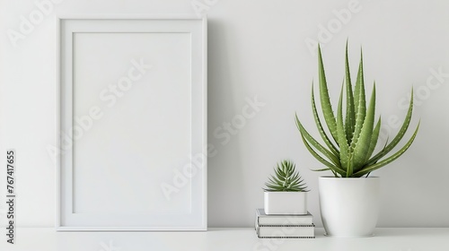 Generative AI : Mock up white frame and aloe vera plant on book shelf or desk. White colors. © The Little Hut