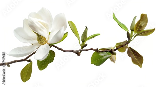 Generative AI : Magnolia liliiflora flower on branch with leaves, Lily magnolia flower isolated on white background photo
