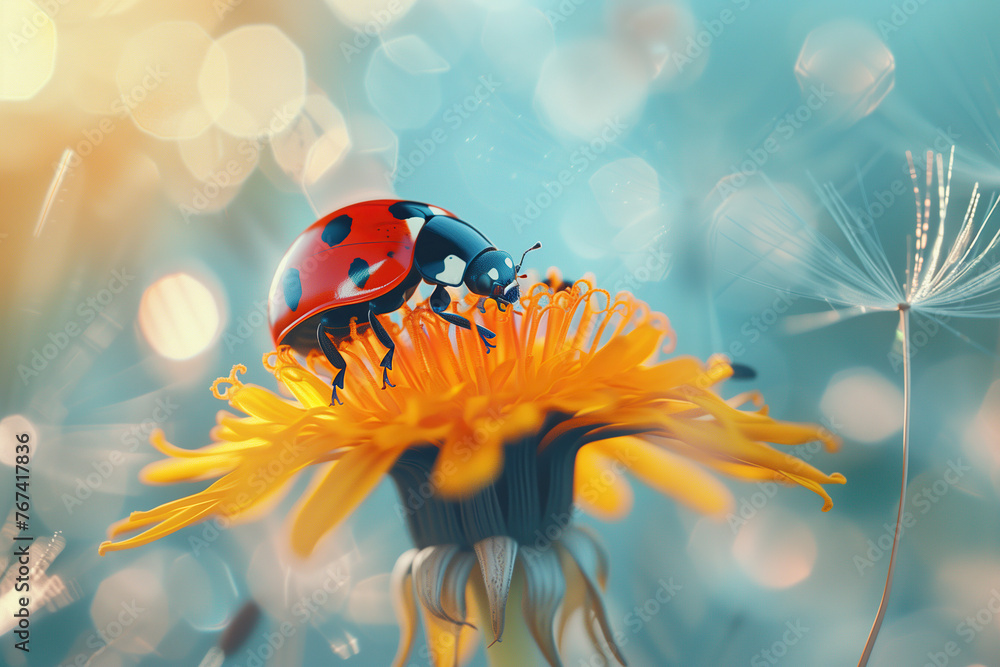 Beautiful ladybug on a dandelion flower with blue background Beautiful ladybug on a dandelion flower with blue background