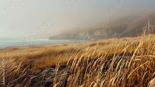 Generative AI : Golden Veldt grass with incoming fog on a windy day along the California coast. photo