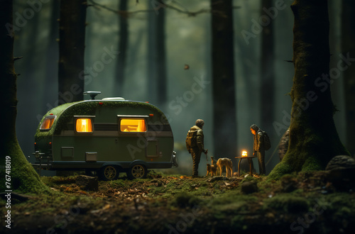 Couple standing next to camper in woods © Canvas Alchemy