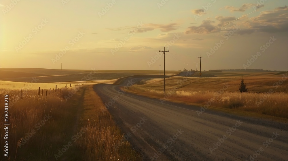 Generative AI : Winding country road at sunset, val marie, saskatchewan, canada