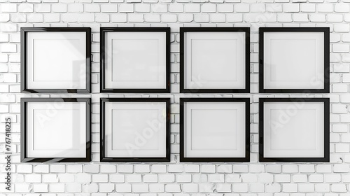 Generative AI   Black wooden photo frames mockup  eight set collection on white bricks wall
