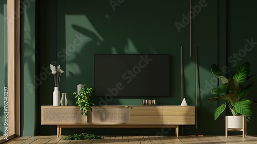 Generative AI : Living room with cabinet for tv on dark green color wall background.3d rendering