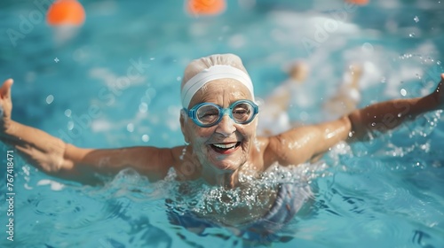 Generative AI : healthy active senior woman swimming in the pool