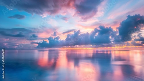 Generative AI   Landscape Long exposure of majestic clouds in the sky sunset or sunrise over sea with reflection in the tropical sea.
