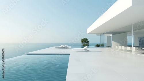 Generative AI : Luxury sea view swimming pool in modern white beach house - 3d rendering © The Little Hut