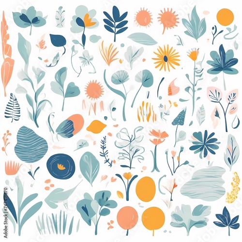 A collection of seamless pattern  colorful abstract plants and flowers. Hand drawn Collection of leaves and flowers. A close up of a pattern of flowers and leaves. 