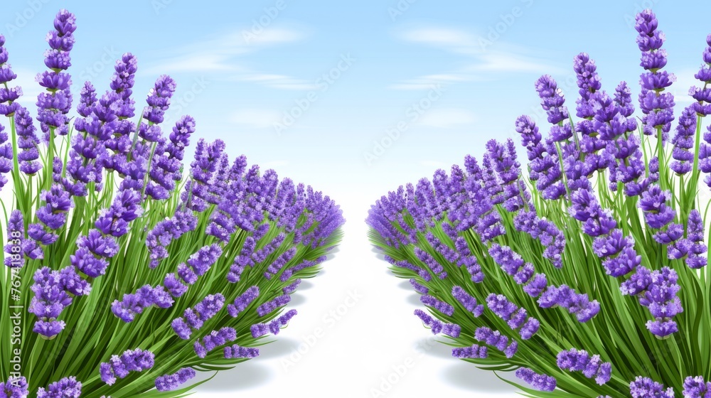 Naklejka premium a bunch of purple flowers are in the middle of a blue sky with a white line in the middle of the picture.