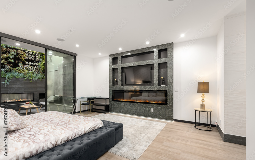 Fototapeta premium Bedroom with a cozy bed and a fireplace in the corner
