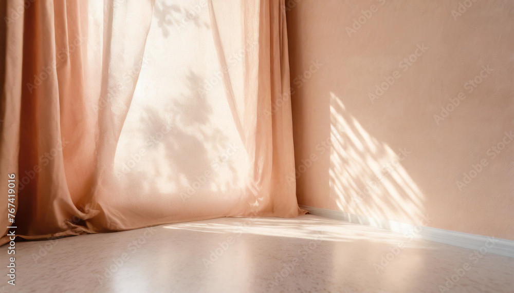 Backlit window with delicate beige-pink translucent curtains in an empty room. Peach fuzz color 2024.. Backlit window with delicate beige-pink translucent curtains in an empty room. Peach fuzz color 2024..