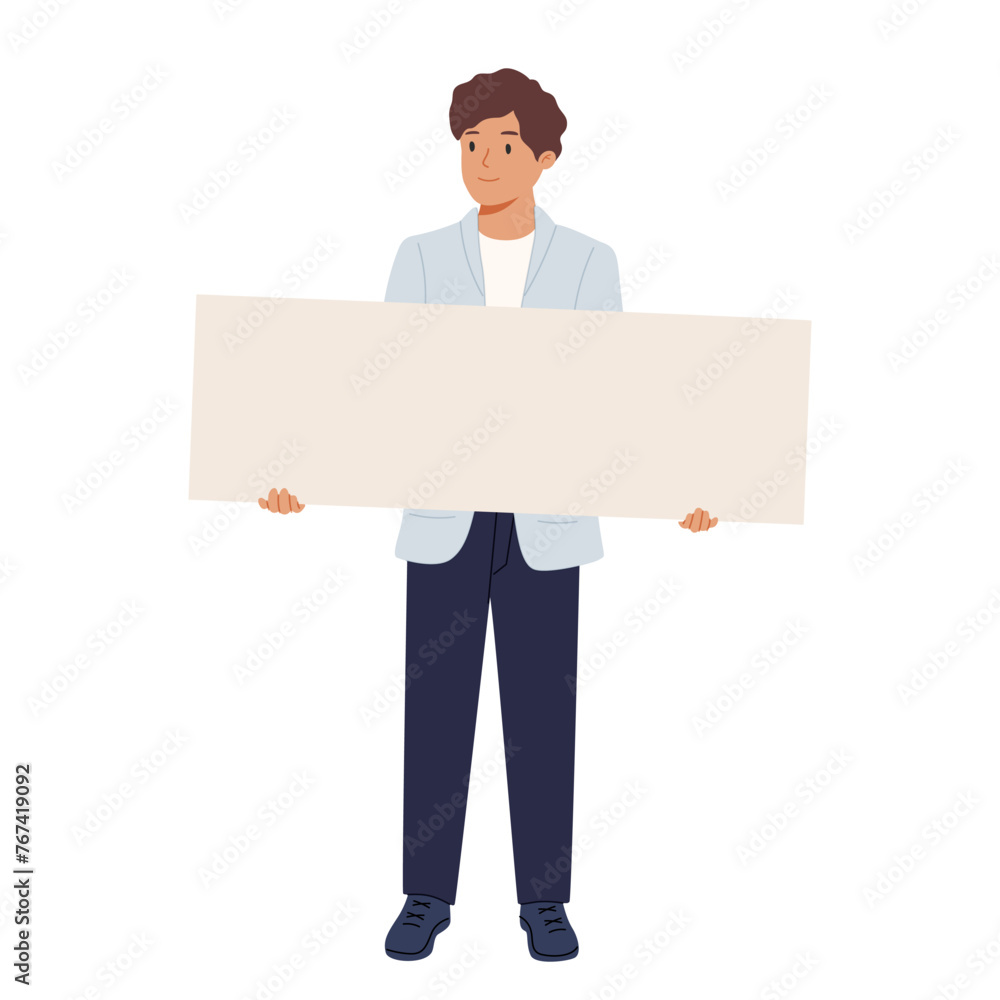 Employee presenting blank paper sheet. Office worker, man holding, advertising on empty banner background mockup. Employee presenting blank paper sheet. Office worker, man holding, advertising on empty banner background mockup.