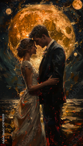 wedding in a starry night, bride and groom. ai generative