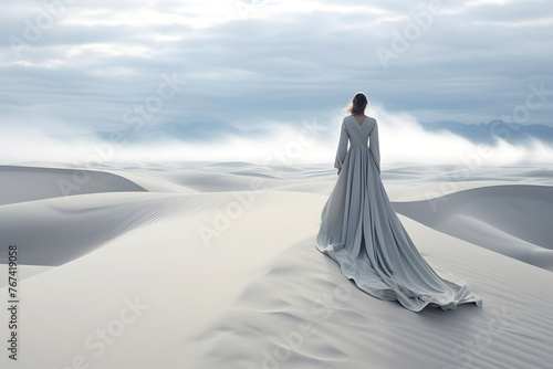 lonely woman walks along the sands of the desert dunes towards the sun. human life path concept