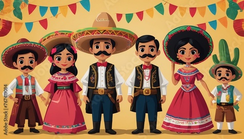 Graphic Featuring Characters In Traditional Mexican Attire For Cinco De Mayo.