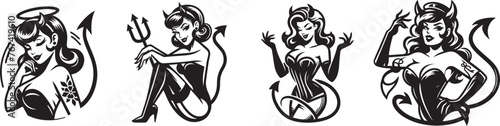 devil girl pin-up in black and white