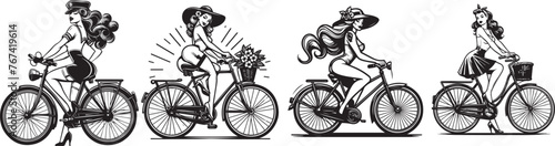 Monochrome Pin-Up Girls Cycling vector graphics photo