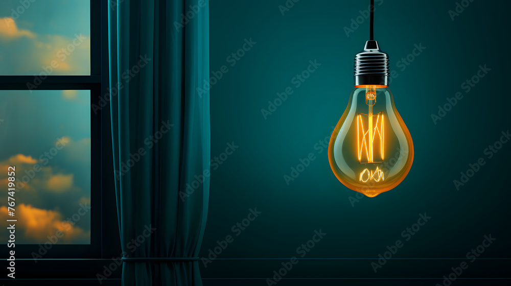 There is a switched-on electric lamp hanging near the window in the room. homemade interior and technology. lighting in the house There is a switched-on electric lamp hanging near the window in the room. homemade interior and technology. lighting in the house