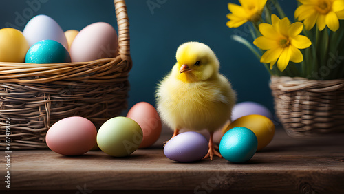 "Chick Nestled Among Easter Eggs: Adorable Bird Rests in Basket Amidst Colorful Eggs and Flowers, Backlit, Soft Focus Background" © Alena
