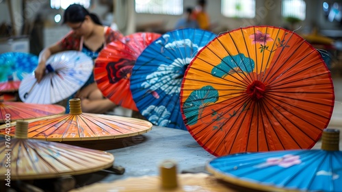 Handmade paper umbrellas at an umbrella factory in Bo Sang  Chiang Mai province  Thailand 