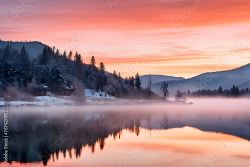 Dawn's Gentle Light: A Serene Lakescape with Morning Mist and Winter Trees in the Gold-Lit Sky Reflecting on Water Surface © Theresa