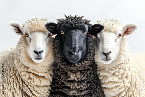 One black and two white sheeps on a white background