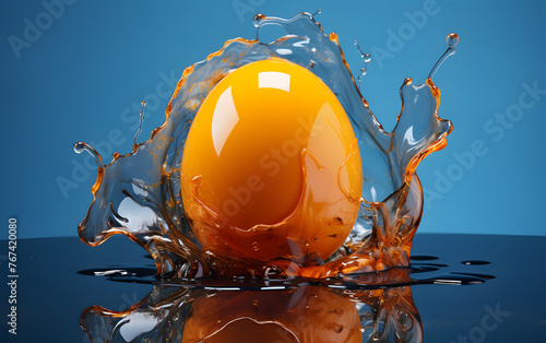 yolk of a chicken egg with whites flying in different directions on a blue background